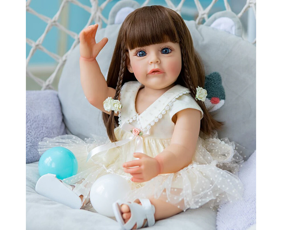 55cm Reborn Doll Full Body Silicone Sue-Sue Hand-detailed Painting with Brown Long Wig Hair for Child Christmas Gift