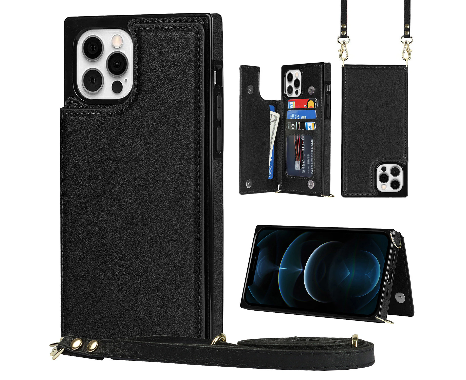 For iPhone 14 Pro Wallet Case with Strap - Black