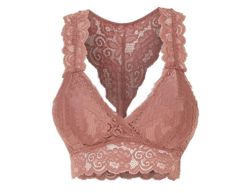 Floral Lace Wide Shoulder Strap Women Bra Hollow Padded Beauty Back Brassiere for Sleeping-Pink