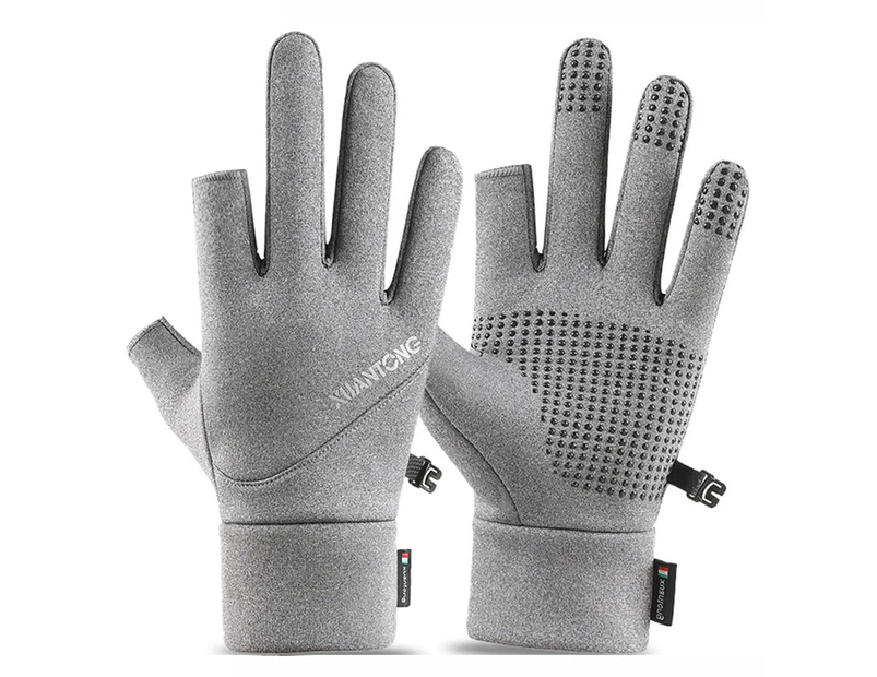 1 Pair Thicken Winter Gloves Windproof Keep Warm Wear-resistant Two Fingers Exposed Cold Protection Outdoor Motorcycle Gloves for Cycling - Grey Mens