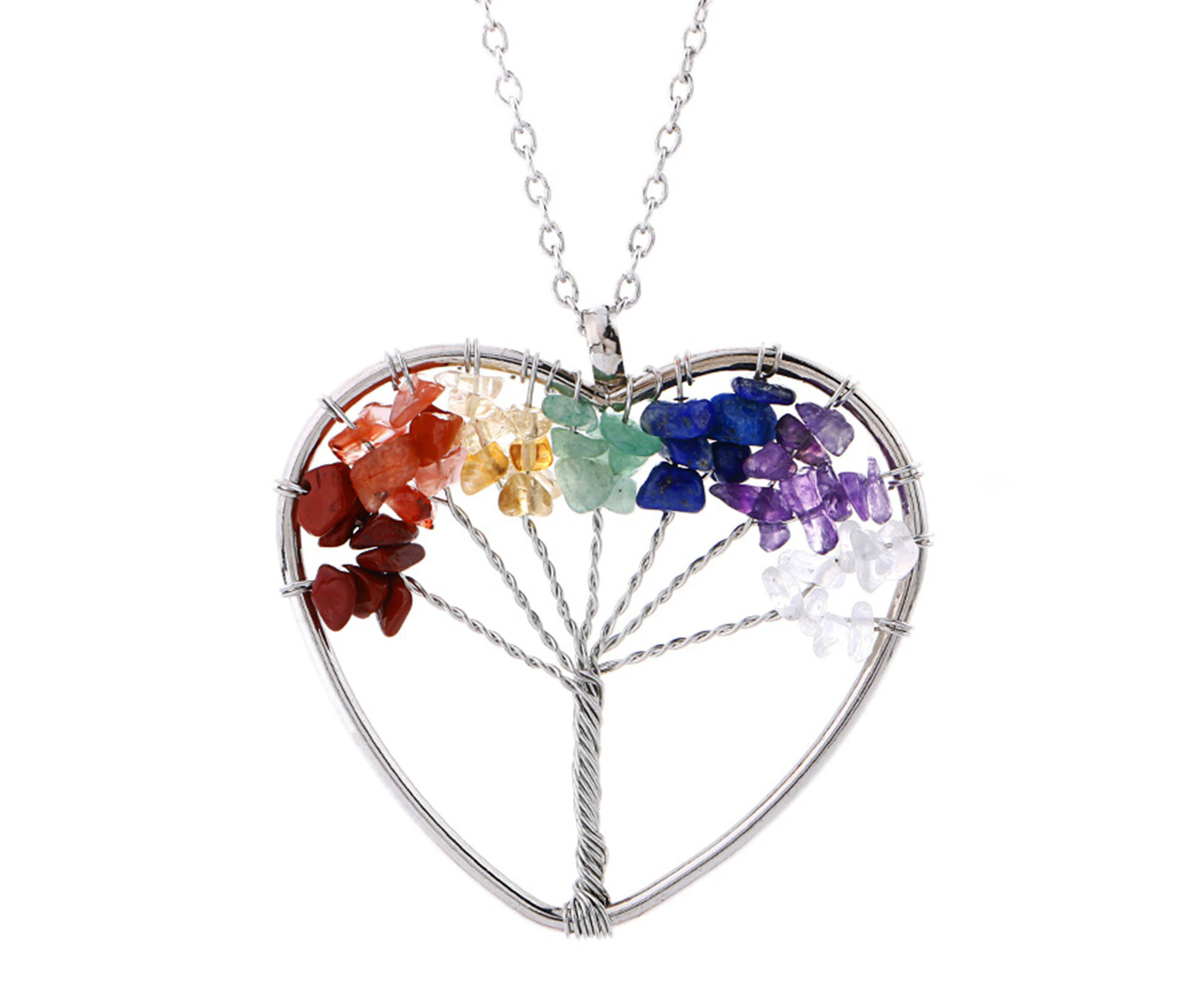 Life Tree Necklace 7 Complete Chakra Chain Gravel Zinc Alloy Peach Heart Women Accessories