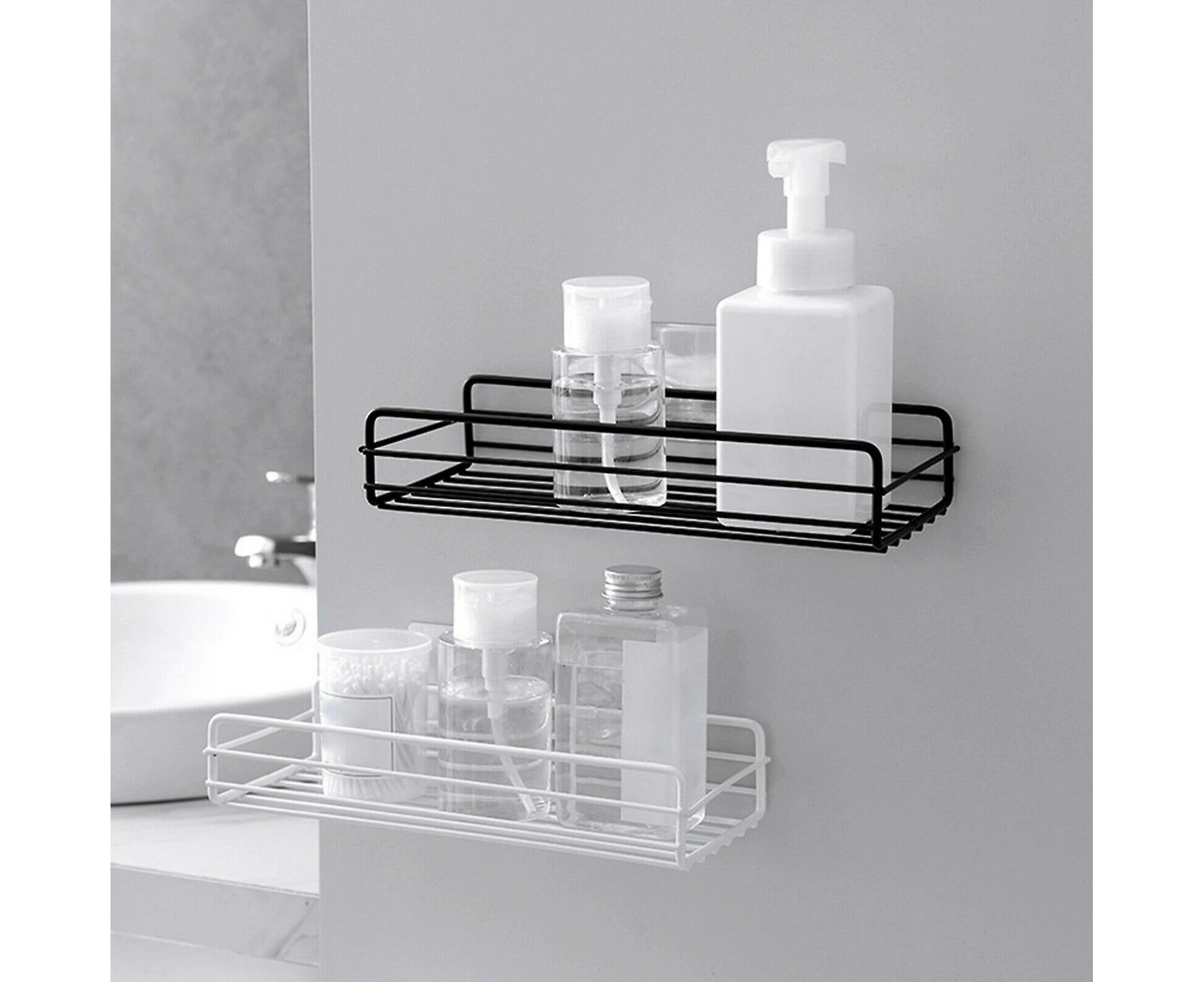 Shower Caddy Shelf Basket Self Adhesive Storage Rack Bathroom Kitchen Organizer - Black