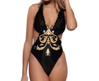 Women Swimsuit Deep V Neck Slim Fit Sexy Print Summer Monokini for Beach-Cool Black