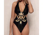 Women Swimsuit Deep V Neck Slim Fit Sexy Print Summer Monokini for Beach-Cool Black