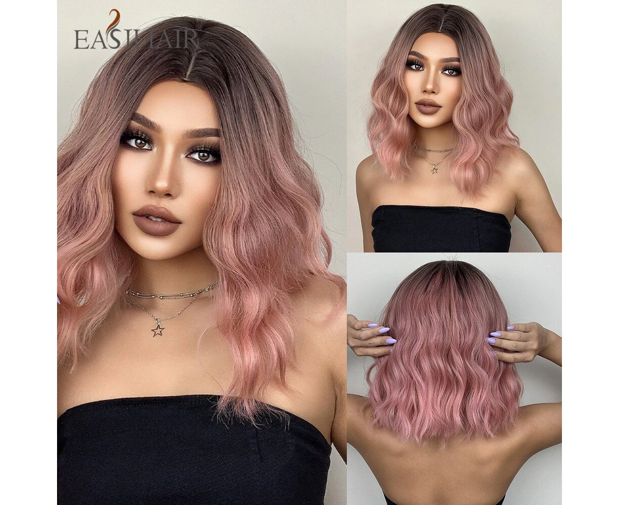 EASIHAIR Synthetic Wavy Wigs Short Brown Golden Bob Hair Wigs Medium Curly Wave Wigs for Women Daily Heat Resistant Women's Wig