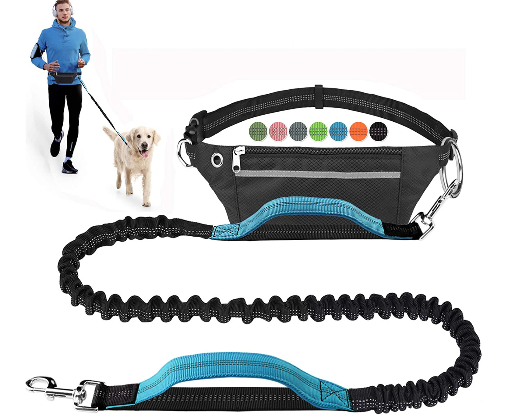 PHOmance-Hands Free Dog Leash Running Walking Jogging Training Hiking Bungee Dog Waist Leash Medium Large-Black/Blue (Waist Belt with Integrated Pack)