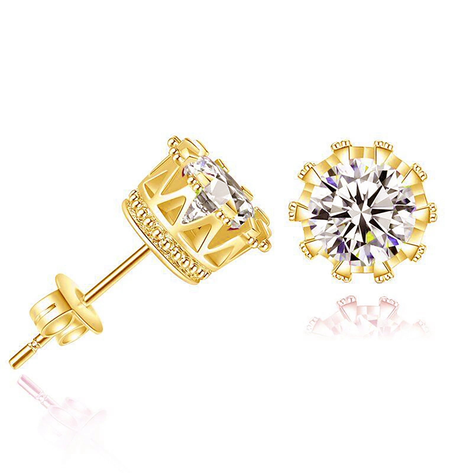 14k Yellow Gold Plated Crown Women Men CZ Crystal Solitaire Stud Earrings Small