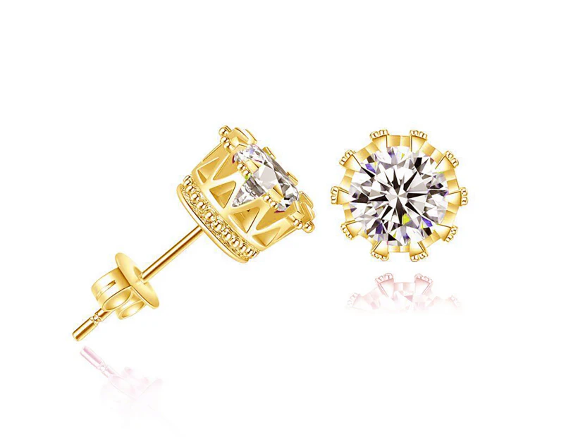 14k Yellow Gold Plated Crown Women Men CZ Crystal Solitaire Stud Earrings Small