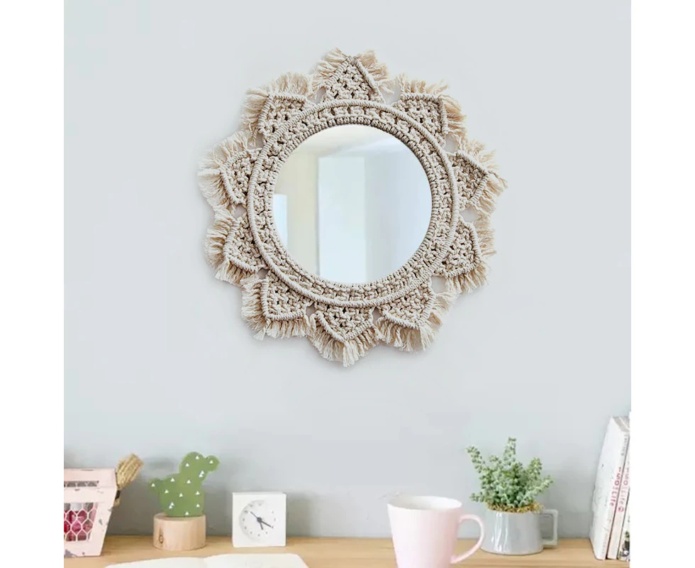 Hanging Wall Mirror with Macrame Fringe Round Mirror Art Boho Decor for Apartment Living Room Bedroom Baby Nursery Dorm Entryways