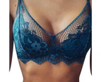 Floral Print Solid Color Bra Briefs Set Two-piece High Waist Panties Deep V-neck Underwear for Daily Wear-Blue