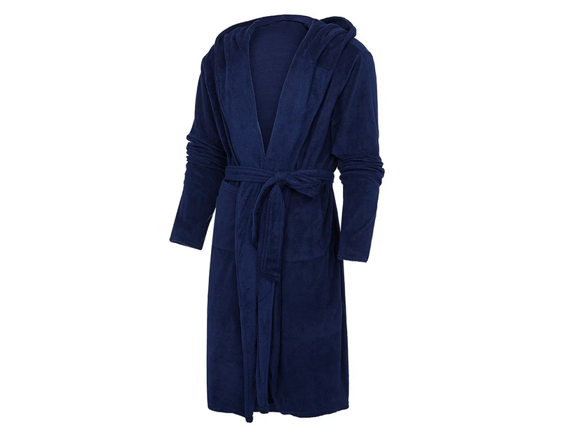 Plus Size Women Solid Color Flannel Hooded Bath Robe Dressing Gown Sleepwear-Royalblue