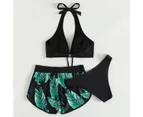 3Pcs/Set Split Bikini Leaf Print Bow Three-piece Slim Backless Swimwear for Swimming-Green