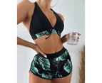 3Pcs/Set Split Bikini Leaf Print Bow Three-piece Slim Backless Swimwear for Swimming-Green