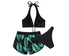 3Pcs/Set Split Bikini Leaf Print Bow Three-piece Slim Backless Swimwear for Swimming-Green