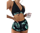 3Pcs/Set Split Bikini Leaf Print Bow Three-piece Slim Backless Swimwear for Swimming-Green