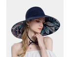 Sun Hat Large Brim Ponytail Hole Breathable Drawstring Adjustable Sun Protection Leaf Print Half Visor Summer Hat for Women - Navy Blue