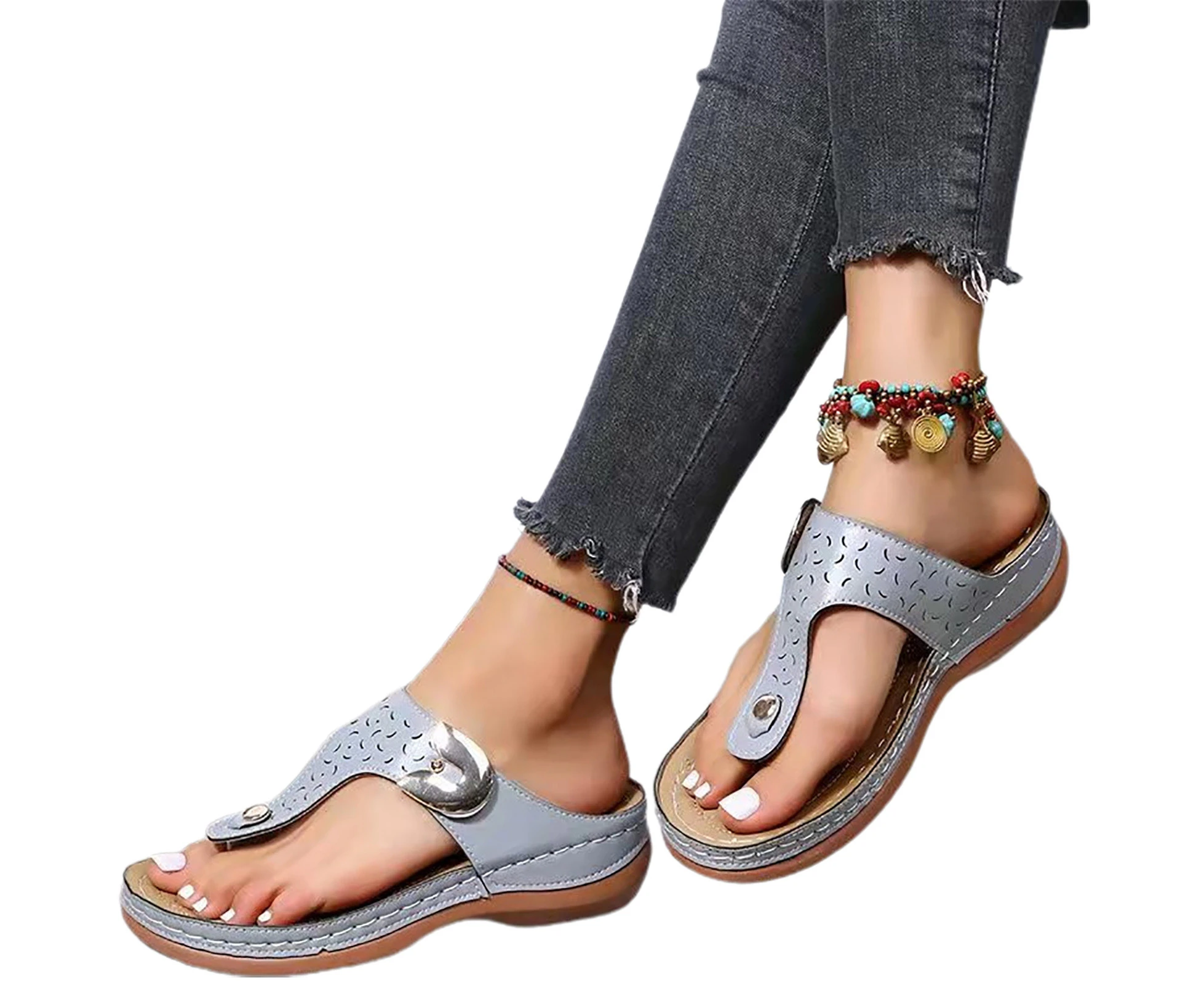 1 Pair T-Strap Round Toe Slip-on Slope Heel Women Slippers Platform Arch Support Sandals for Daily Life-Grey