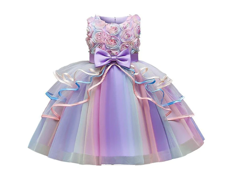 Elegant Girls Party Dress Kids Floral Dresses Kid Bridesmaid Party Christening Dress - Purple