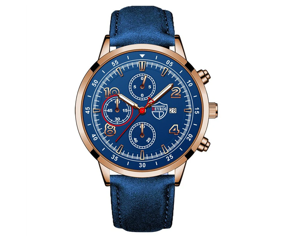 Fashion Mens Sports Watches Luxury Men Business Stainless Steel Mesh Belt Quartz Clock Man Casual Leather Watch reloj hombre - Leather Rose Blue