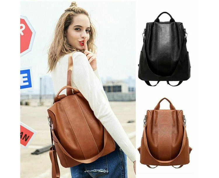 Women’s Leather Backpack Anti-Theft Rucksack School Shoulder Bag - Black