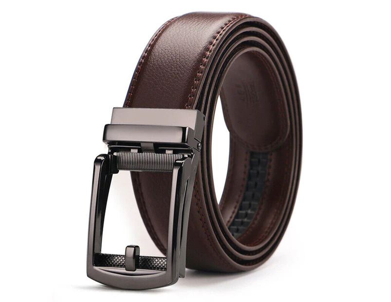 Mens Leather Belt Automatic Steel Buckle Detachable Waistband Cuttable Strap-Brown