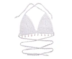 Bikini Top Hand Woven Hollow Out Sexy Lace-up Off Shoulder Bathing Suit Top for Vacation-White