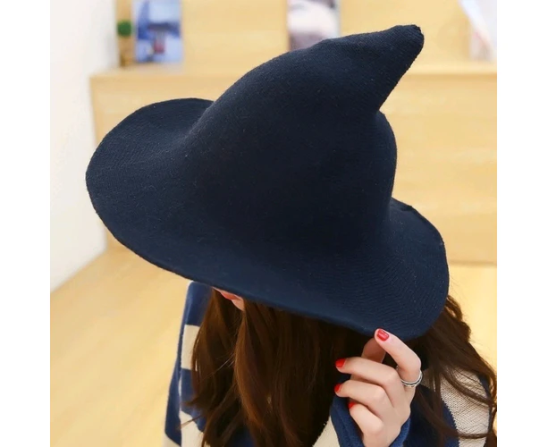 Women Halloween Witch Hat Cosplay Costume Party Knitted Hat - Dark Blue