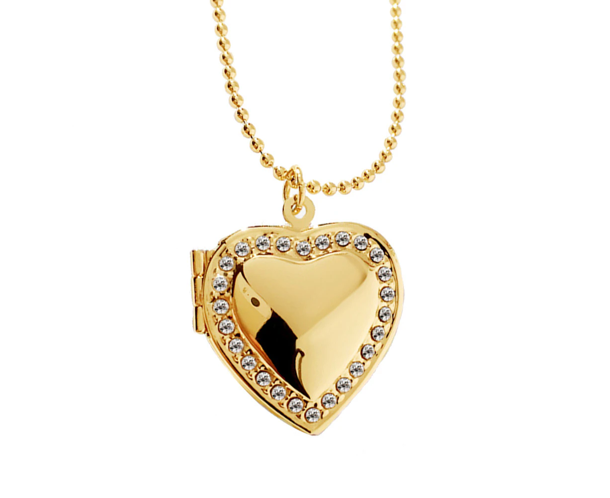 Women Rhinestone Heart Photo Frame Locket Necklace Clavicle Chain Jewelry Gift-Golden White - Golden White