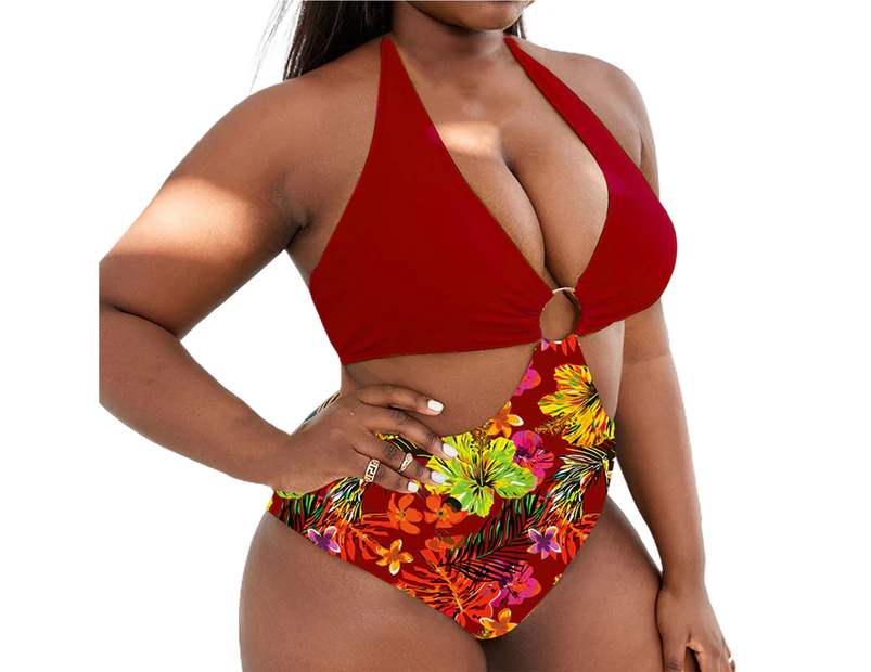 Bikini Deep V Neck High Elasticity Splicing One Piece Floral Print Summer Women Swimsuit for Pool Party-Red