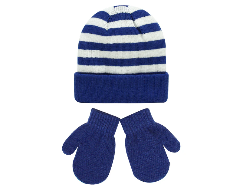 1 Set Kids Beanie Gloves Striped Knitted Autumn Winter Color Block Lightweight Warm Hat Gloves - Blue White