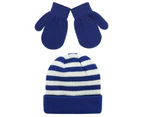 1 Set Kids Beanie Gloves Striped Knitted Autumn Winter Color Block Lightweight Warm Hat Gloves - Blue White