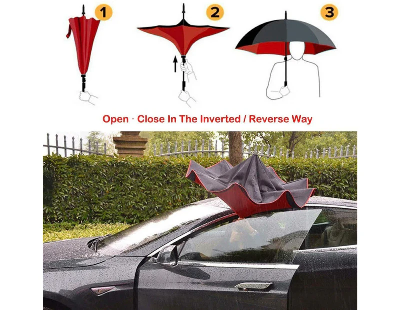 Windproof Upside Down Reverse Umbrella Double Layer Inside-Out Inverted C-Handle - Pink Daisy