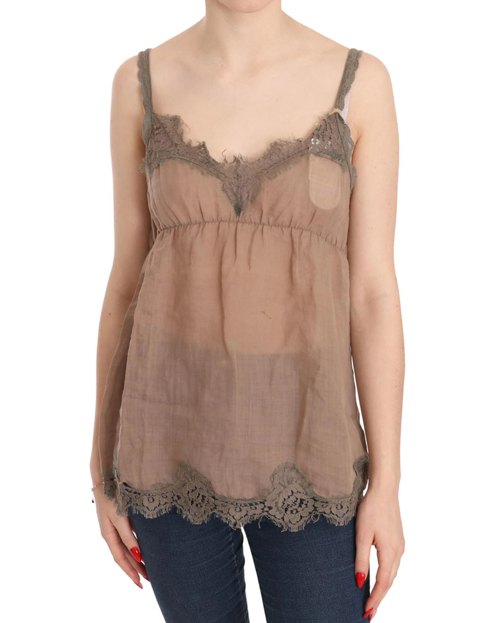 PINK MEMORIES Brown Lace Spaghetti Strap Plunging Top Blouse