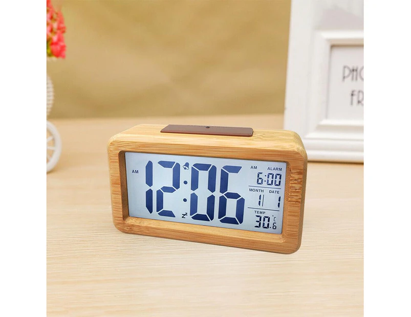 Digital alarm clock radio controlled alarm clock table clock solid wood waterproof alarm clock with thermometer, calendar