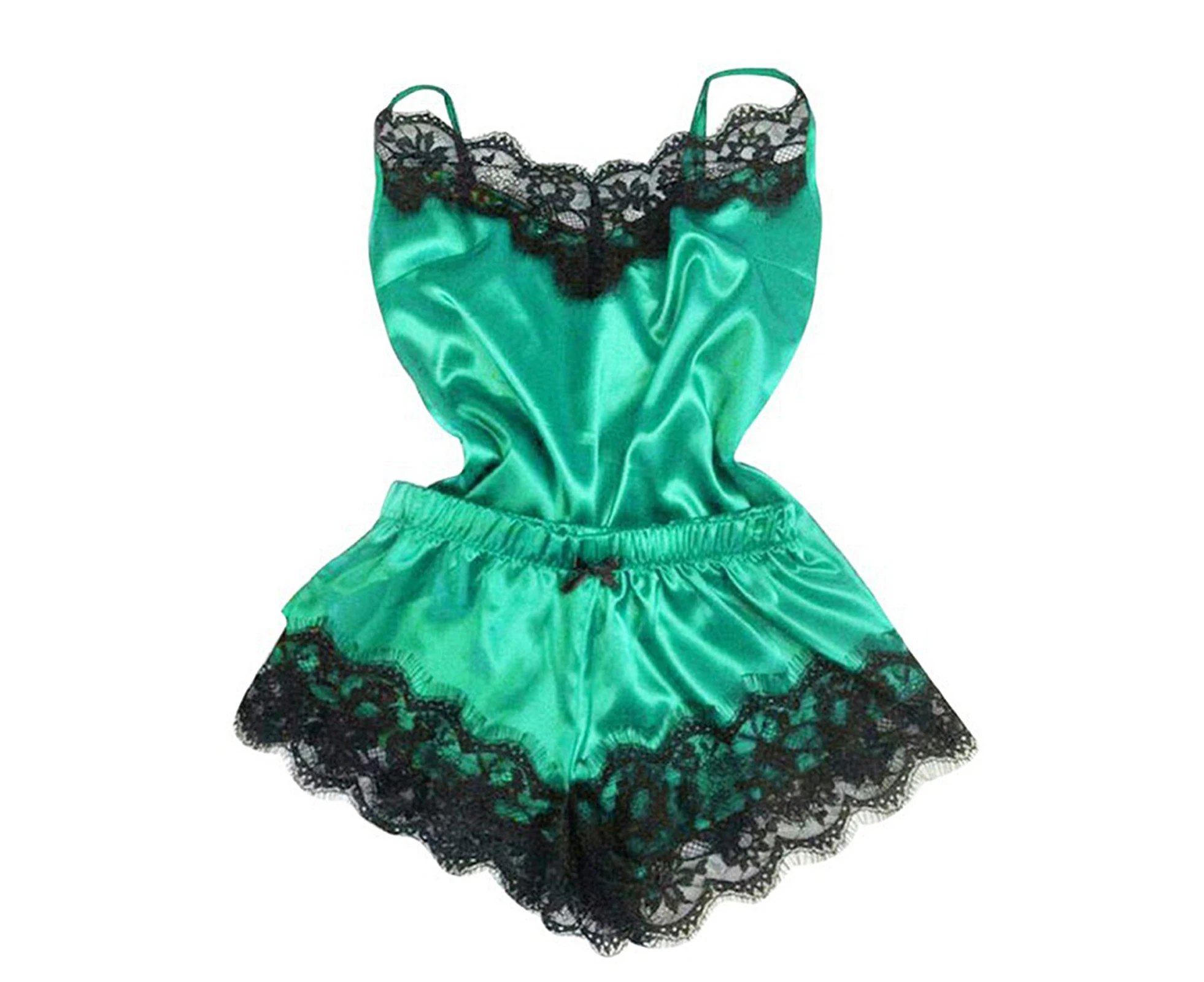 Spaghetti Strap Lace Stitching Vest Shorts Set Imitation Satin V-Neck Sleeveless Pajama Set for Wedding Night-Green