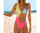Wide Shoulder Straps Round Ring Connection Sexy Monokini Color Block Summer Cut Out High Waist Romper Swimsuit for Swimming Pool-Rose Red