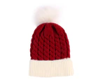 6 Month-2 Years Kids Knitted Hat Color Matching Design Big Plush Ball Warm Children Twist Splicing Christmas Knitted Hat for Christmas - Red