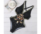 Women Swimsuit Deep V Neck Slim Fit Sexy Print Summer Monokini for Beach-Cool Black