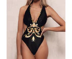 Women Swimsuit Deep V Neck Slim Fit Sexy Print Summer Monokini for Beach-Cool Black