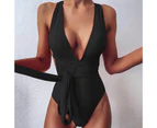 Women Bikini Solid Color Deep V Neck One Piece Temperament Off Shoulder Swimwear for Beach-Black