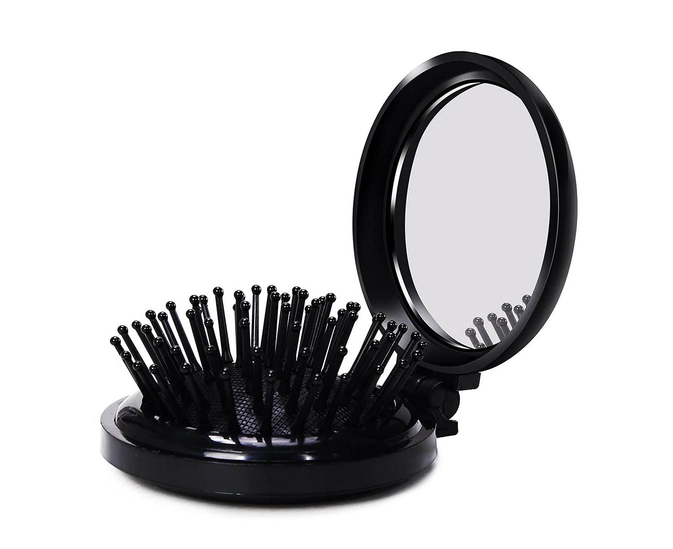 Mini Folding Hair Brush with Mirror, Compact Pop up Pocket Brush, Small Travel Size Flip Hair Brush for PurseBackpack - Black