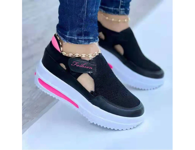 1 Pair Women Shoes Mesh Design Lightweight Breathable Fastener Tape Casual Shoes for Running-Black