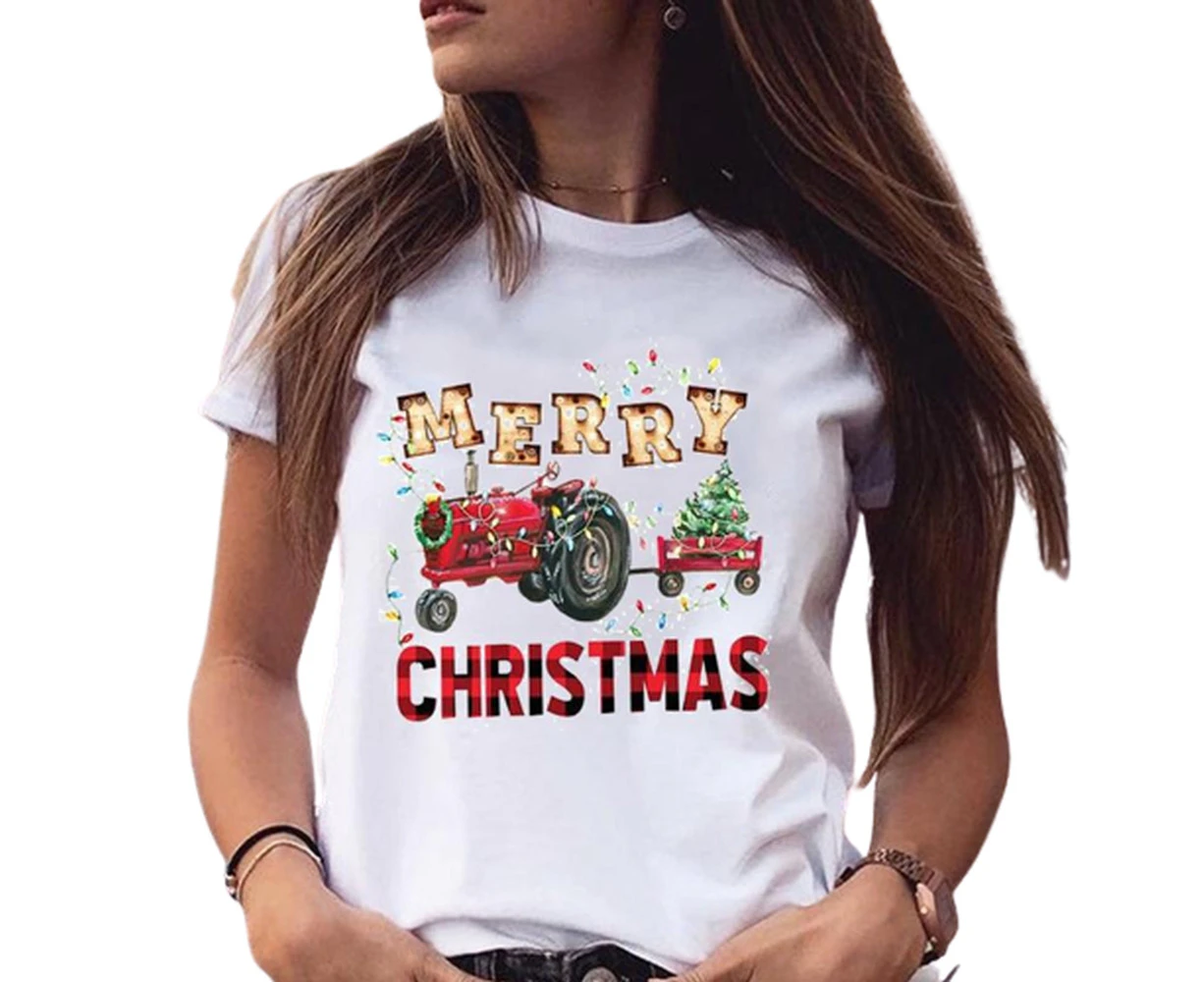 Biwiti Women Christmas Printed Short Sleeve Tops Round Neck Xmas Tee Tops-Merry Christmas