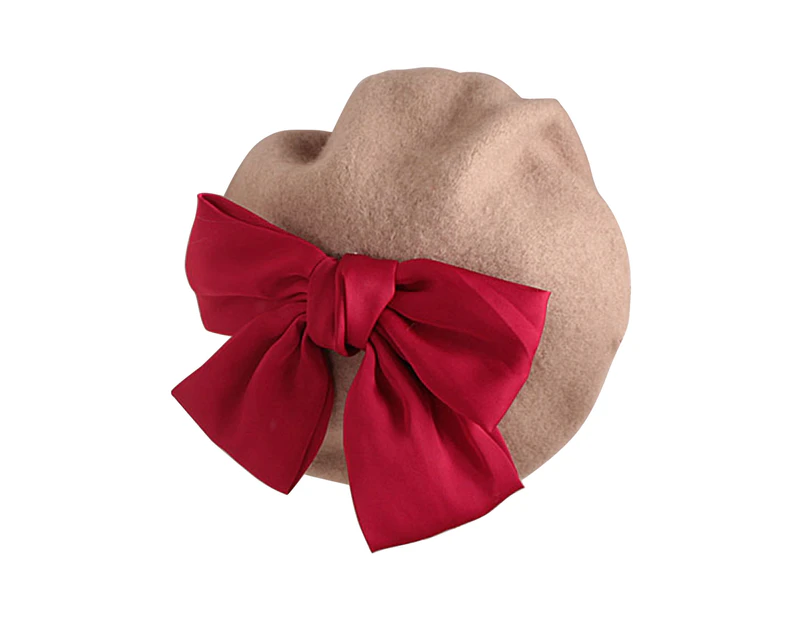2-6 Years Girls Beret Hat Keep Warm Red Bow Knot Wool Berets for Going Out - Khaki