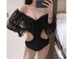 Bikini Visible Sleeves Belly-covered Polyester Girl Sexy Swimwear for Beach Party-Black