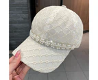 Mesh Sun Hat Adjustable Design Rhinestone Faux Pearl Baseball Hat for Daily Life - Beige