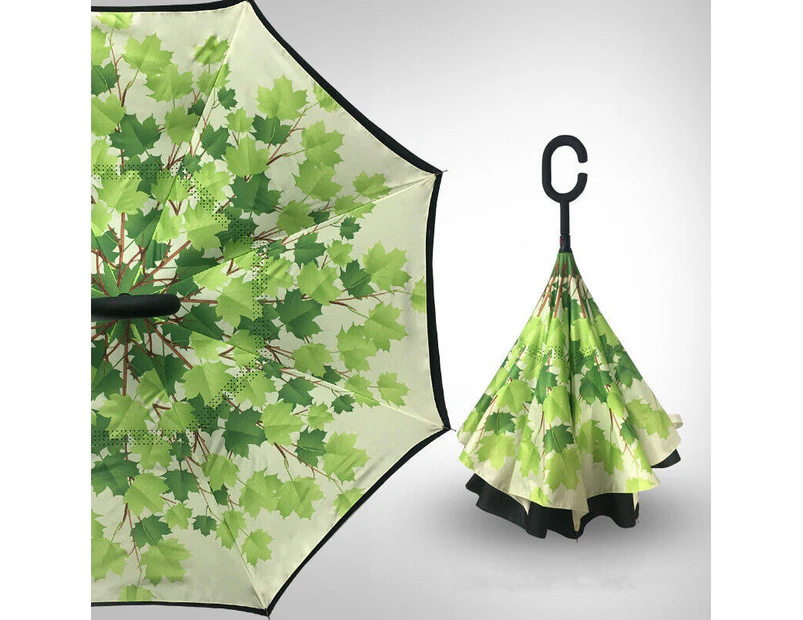 Windproof Upside Down Reverse Umbrella Double Layer Inside-Out Inverted C-Handle - Green Leaves