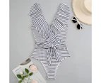 Women Swimsuit Deep V-neck Solid Color Stripe Good-looking Bathing Suit for Beach-Black White