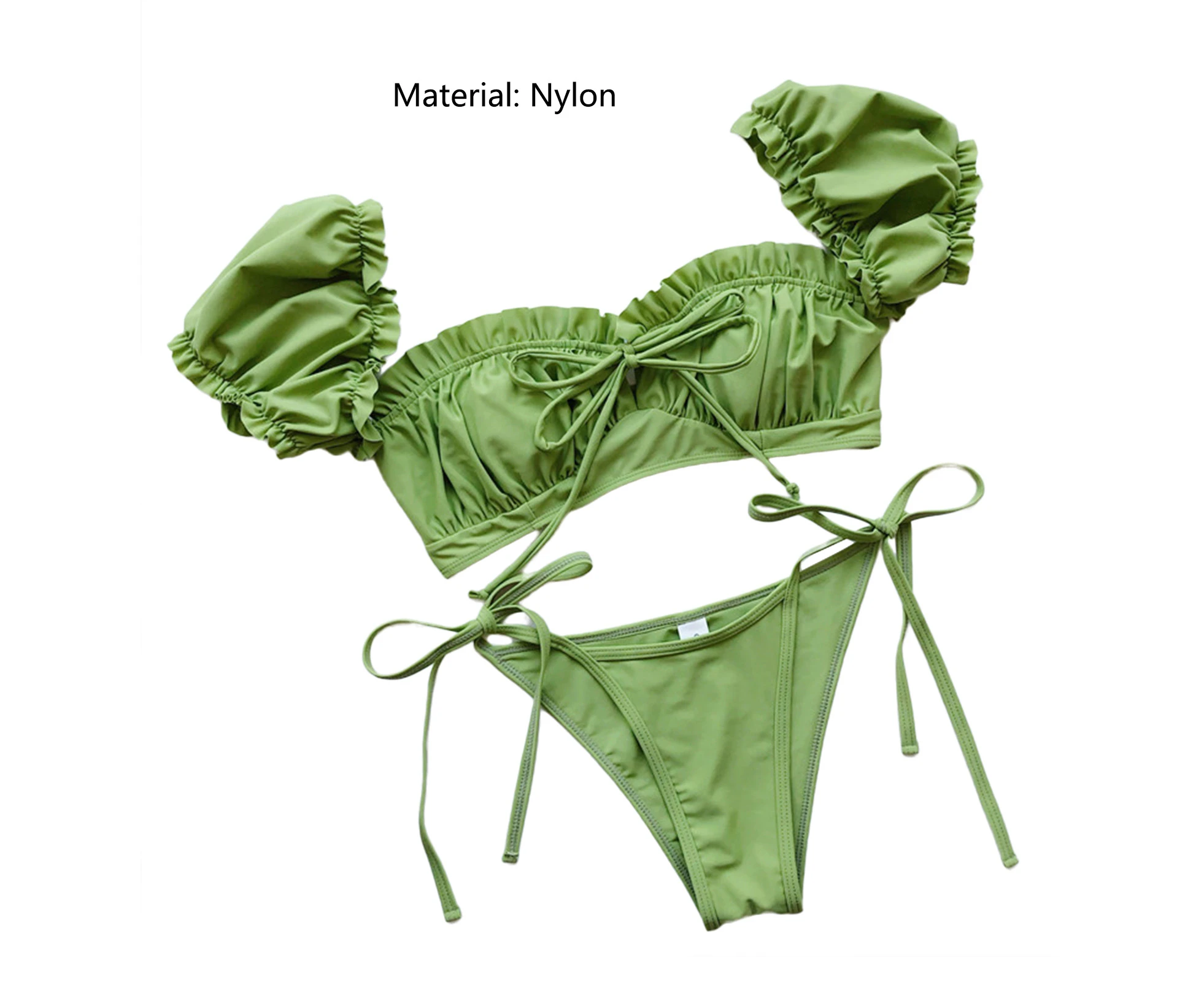 2Pcs/Set Women Bikini Ruffles Edge Bandage Two-piece Pure Color Wireless Swimwear for Vacation-Green