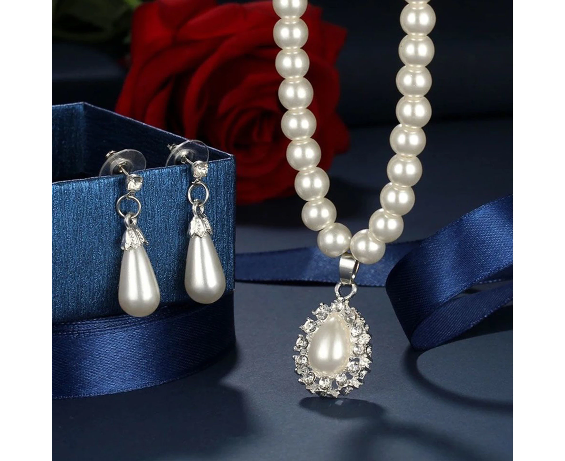 Water Drop Shape Pendant Faux Pearl Beaded Necklace Earrings Bridal Jewelry Set-White - White